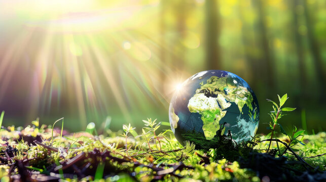 Spring sprouts on the earth globe with green moss and morning sunlight in a forest background.