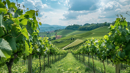A lush green vineyard stretching across rolling hills, with grapevines heavy with clusters of...