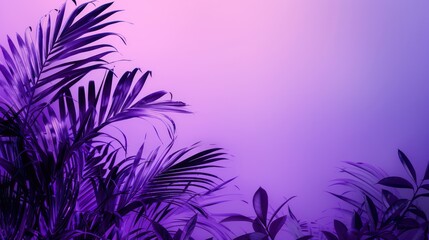 Fototapeta na wymiar Silhouettes of palm leaves overlap each other against a smooth purple to pink gradient background, reflecting a calm tropical twilight ambiance
