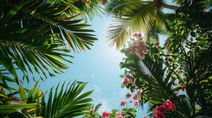 Looking up to the sky through the branches of tropical plants and flowers.