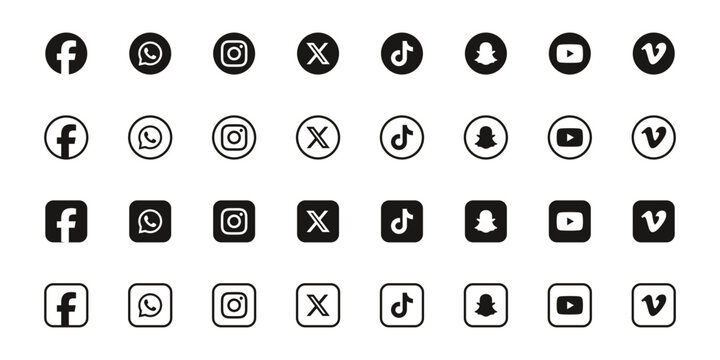 social media icon set or social network logos , facebook, instagram, x, youtube, vimeo, whatsapp, snapchat, tiktok, flat vector icon set. popular social media web icons collection for apps and website