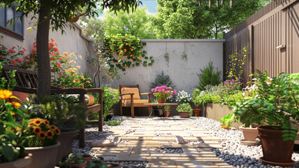 A peaceful garden patio with potted plants and a cozy seating area.