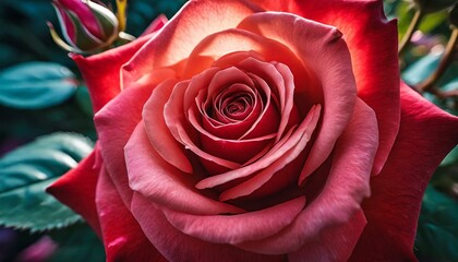 A radiant close-up of a fully bloomed rose, displaying its velvety petals in shades of deep