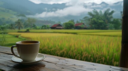 A cup of coffee inside a hut with the yellowing paddy fields in the background.