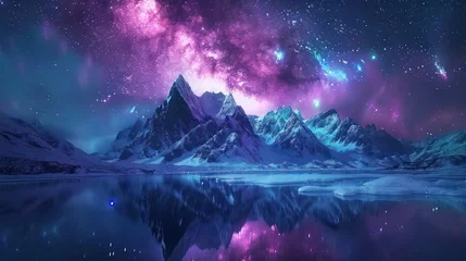 Fotobehang A breathtaking landscape showcasing a vibrant purple aurora borealis lighting up the night sky above snow-capped mountains, with a perfect reflection in the serene lake below © Matthew
