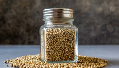A simple yet elegant composition featuring coriander seeds stored in a glass spice jar