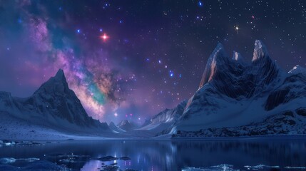 A breathtaking nightscape that showcases the dazzling stars and Milky Way galaxy over serene snow-covered peaks and a tranquil mountain lake