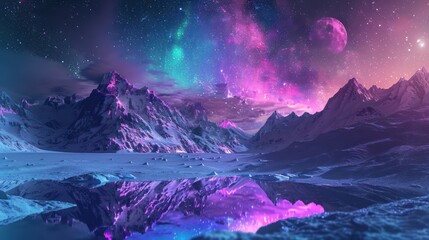A breathtaking digital artwork of a snow-covered mountain range under a stunning galaxy sky with vibrant cosmic colors reflecting in a serene lake