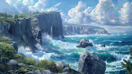 A scenic coastal overlook with waves crashing against rocky cliffs below.