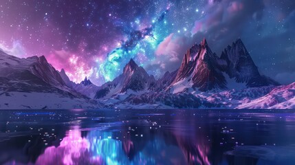 A mesmerizing view of the starry cosmos stretching over majestic snow-covered mountains with a serene lake reflection