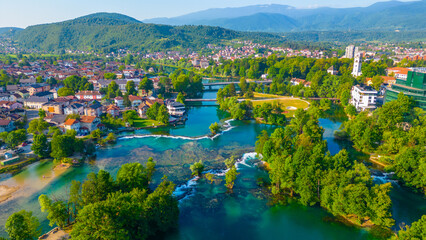 Panorama of rapids on river una in Bosnian town Bihac