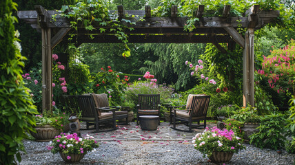 Fototapeta na wymiar A tranquil garden patio adorned with blooming flowers and cozy seating.