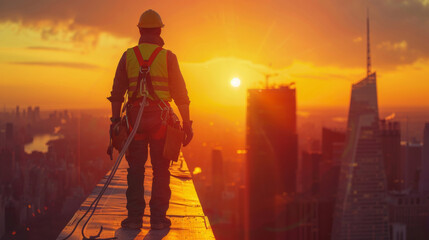 Silhouette of a construction worker standing on a beam at sunset with a vibrant cityscape in the background.