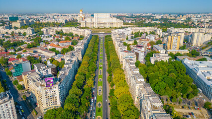 Aerial view of Bulevardul Unirii boulevard leading to the Romanian parliament in Bucharest
