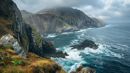 A breathtaking coastal view with cliffs and crashing waves.