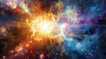 Capture the moment of a supernova explosion in the vast canvas of space, with radiant light and energy dispersing.