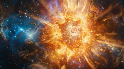 Capture the moment of a supernova explosion in the vast canvas of space, with radiant light and energy dispersing.