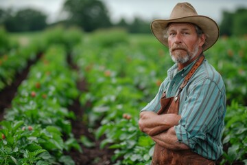 An older man with a straw hat and overalls stands confidently in a field of tobacco, arms crossed