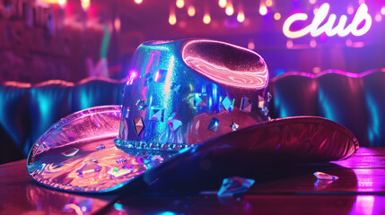 glittering blue cowboy hat with reflective sequins and vibrant club lights - obrazy, fototapety, plakaty