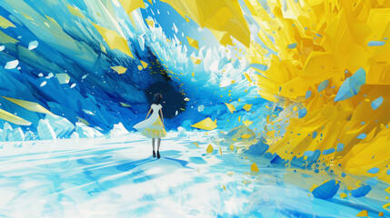 A vibrant blue and yellow mural