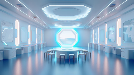 3D rendering of futuristic technology classroom interior design with hexagonal table in the middle and a row of pure white cabinets on the sides. - obrazy, fototapety, plakaty