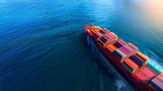 A cargo ship with colorful containers sailing in the blue ocean.