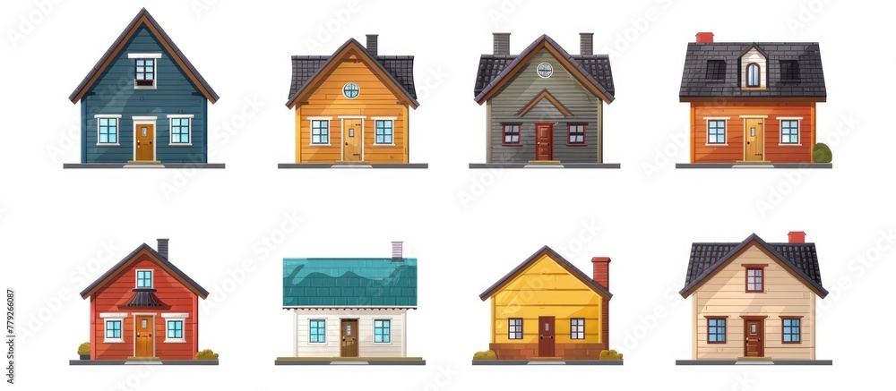 Poster the picture displays a variety of building types, each with its own unique facade, roof, and window 