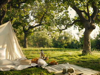 Create a high-definition image showcasing a camping scene on a sunny day with lush green grass, reflecting the Lemaire brand style. 