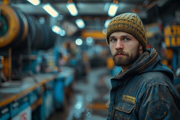 Reflective worker with a knit hat looking serious in a well-equipped workshop environment