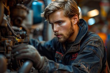 Obraz premium Dedicated male engineer with a beard adjusting complex machinery in an industrial workspace