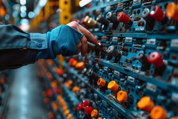 A technician's hand is shown operating various control switches on a complex machinery board