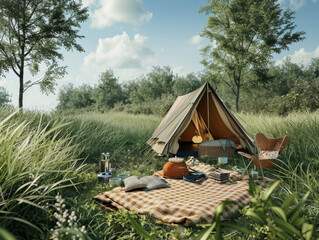 Create a high-definition image showcasing a camping scene on a sunny day with lush green grass, reflecting the Lemaire brand style. 