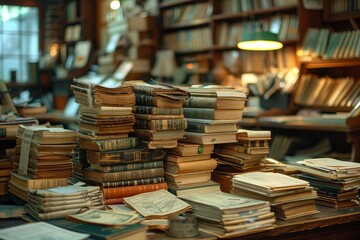 Obraz premium A pile of worn, vintage books stacked high in an antique library atmosphere