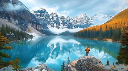 Canada travel man hiker at Moraine Lake Banff National Park nature landscape AI generated