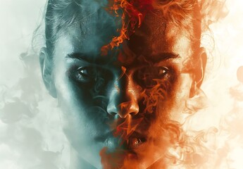 A splitscreen poster with one side depicting an angry, smoldering human face and the other half featuring a serene young woman's profile