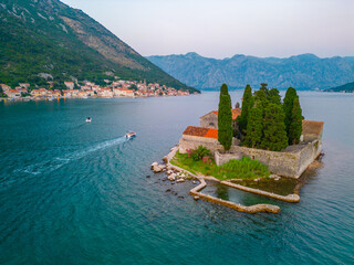 Aerial view of Saint George Catholic Monastery near Perast in Montenegro