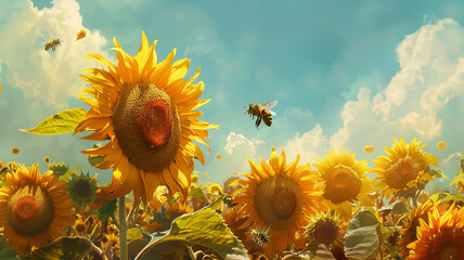 Bees buzzing around a field of sunflowers, collecting nectar under the warm summer sun. - obrazy, fototapety, plakaty