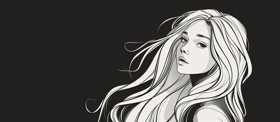 A monochrome drawing of a happy woman with long flowing hair, captured in a moment of windblown elegance. The artistry of the drawing captures her movement and gesture beautifully