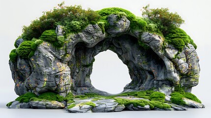 Natural rock arch in the forest Stone arch with moss isolated on white background AI generated