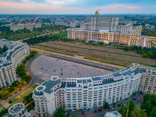 Sunset panorama view of the Romanian parliament in Bucharest