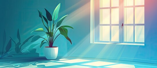 Fototapeta na wymiar A houseplant in a flowerpot sits by a window receiving sunlight, casting a warm glow on the terrestrial plant. It thrives with regular watering