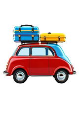 Funny red retro car with blue luggage, yellow suitcase, purple yoga mat strapped to steel roof rack