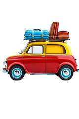 Funny red retro car with blue luggage, yellow suitcase, purple yoga mat strapped to steel roof rack