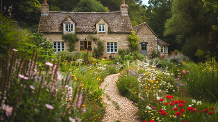 Fototapeta na wymiar A picturesque country cottage surrounded by blooming wildflowers, with a winding gravel path leading up to the front door.
