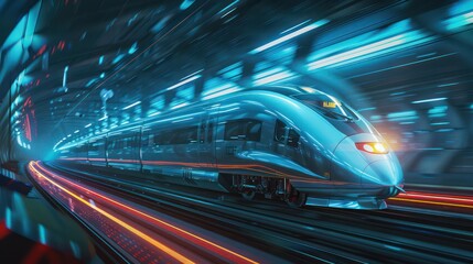 Fototapeta na wymiar A sleek, modern high-speed train blurs through a futuristic station, with vibrant light trails accentuating the sense of rapid motion and advanced technology