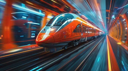 An image of a modern high-speed train rushing forward with speed blur through a futuristic tunnel, illustrating travel, technology, and innovation