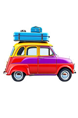 Funny red retro car with blue luggage, yellow suitcase, purple yoga mat strapped to steel roof rack
