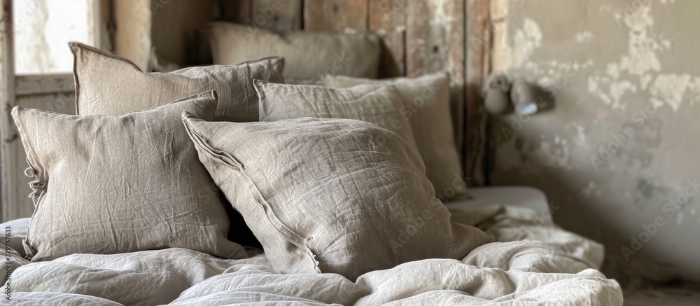 Poster the image displays a detailed view of a cozy bed adorned with numerous soft pillows for ultimate com