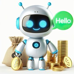 Obraz na płótnie Canvas Cute character 3D image of AI Robot with coins and saying hello white background