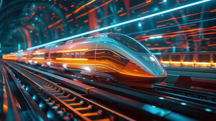 A modern, state-of-the-art high-speed train zooms along the tracks, encapsulated by dynamic light trails within a tunnel, exuding speed and innovation - obrazy, fototapety, plakaty